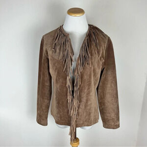 Vintage Suede Leather Fringe Live a Little Jacket Size S Tan Western Cowboy